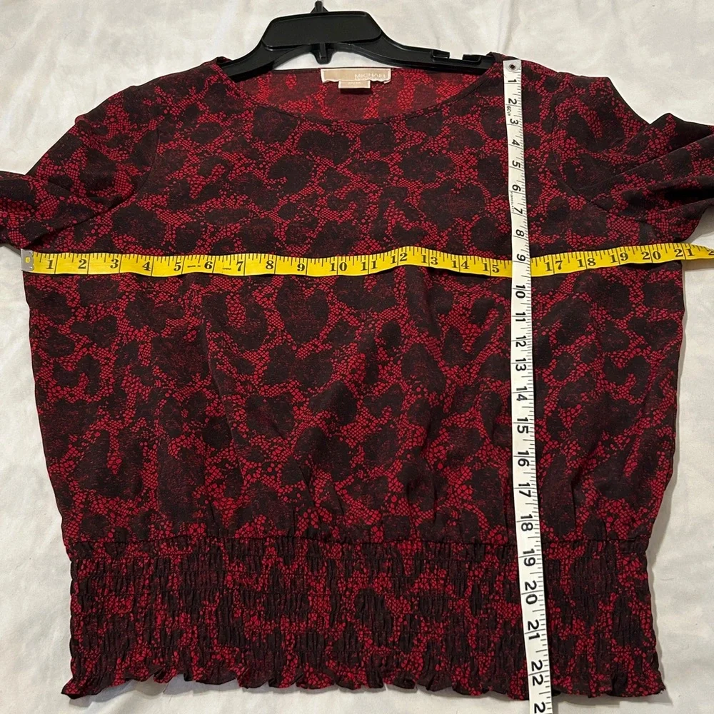 Michael Kors Red & Black Abstract Lace Print Smocked Waist Blouse